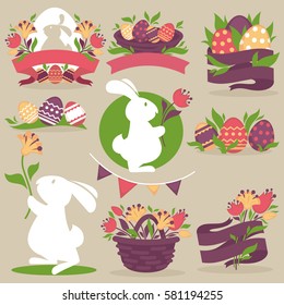 Huevos de Pascua y conejo conejo con flores de primavera en una canasta de mimbre y cintas. Iconos de decoración de vacaciones vectoriales y elementos de símbolos establecidos para tarjeta de saludo