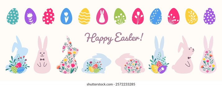 Easter eggs and bunny set. Cute decoration with spring flower for banner, card, poster. Bright floral pattern. Vector illustration.
