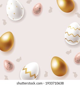 Easter eggs with bunny silhouettes on light background. Realistic chicken and quail eggs painted and decorated with trendy golden ornaments for Easter. - Vector illustration