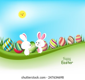 easter eggs and bunny spring banners with blue sky