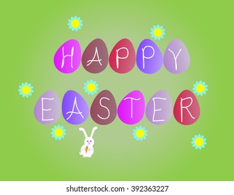 easter eggs and bunny with title on green background