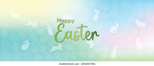 Easter eggs and bunny white line art on multicolour blurred background banner design. Vector illustrator.