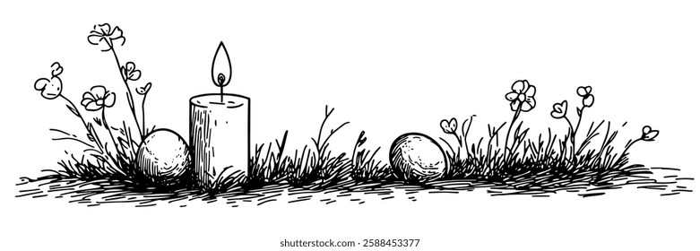 easter eggs with a burning candle in the grass, hand-drawn illustration