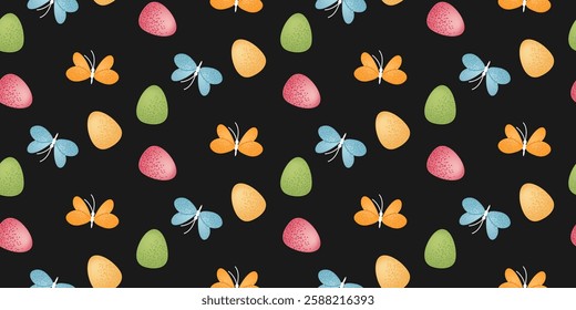 Easter Eggs and Butterflies on Black Background. Seamless pattern with colorful Easter eggs and butterflies on a black background. Holiday spring design for textile, wallpaper, wrapping paper.