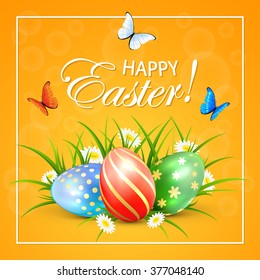 Easter eggs and butterflies on orange background, illustration.