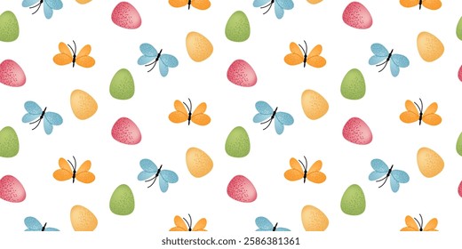 Ovos de Páscoa e borboletas padrão. Padrão contínuo com ovos de Páscoa coloridos e borboletas em um fundo branco. Design de férias de primavera para têxtil, papel de parede, papel de embrulho e cartão de saudação.