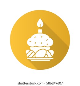 Easter eggs, cake and candle. Flat design long shadow icon. Vector silhouette symbol