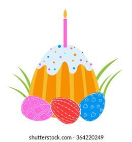 Easter eggs and cake with  candles. Folk paints. Vector background. 