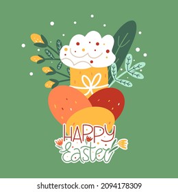 Huevos de Pascua y tortas aisladas en segundo plano. Ilustración vectorial de Pascua para tarjetas de felicitación.