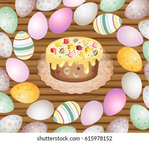 Easter eggs and cake on the wooden background. Vector Easter Holiday Image