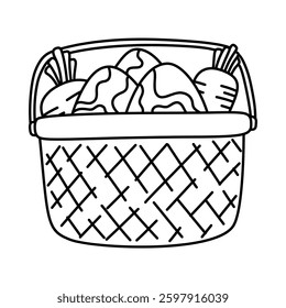 easter eggs and carrot in a basket doodle outline on white background