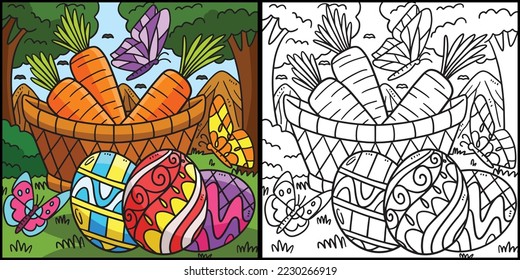 Easter Eggs And Carrots Coloring Page Illustration