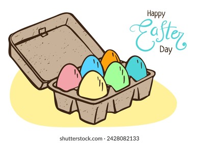 Easter eggs in Carton Paper Box, Happy Easter day greeting card. Vector Container, Packaging. Chicken painted Whole Eggs. Egg eco recycle Pack in Front View for poster, flyer, market sale design.