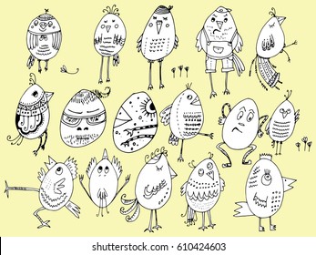 Easter eggs, cartoon characters, egg-chicks, linear art, graphics, easter