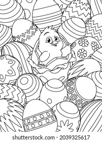 An Easter eggs cartoon coloring book black and white outline page background with a cute Easter chick breaking out of one