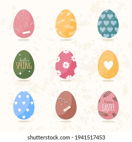 Easter eggs in cartoon flat style with ornament. Spring elements. Vector stock illustration