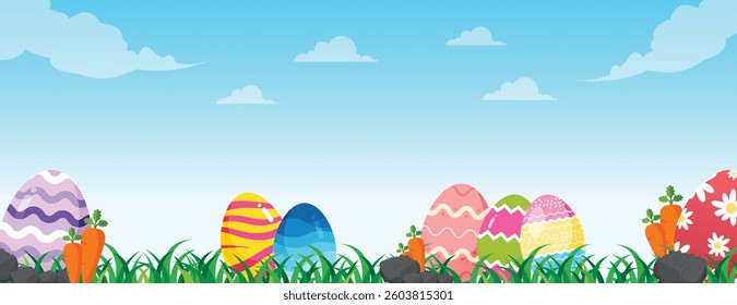 Easter eggs cartoon on meadow green grass banner. Spring lawn with painted egg and flowers. Happy easter vector banner background