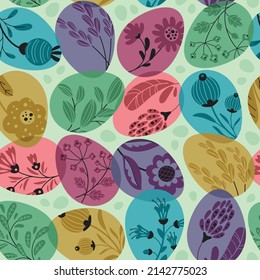 Patrón de dibujos animados de huevos de Pascua. Huevos de Pascua y flores en un estilo dibujado a mano - sin costura. Feliz Día de Pascua. Antecedentes de tela, textil, papel pintado, afiche, sitio web, tarjeta, papel de envoltura de regalo
