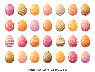 Easter eggs. Cartoon spring holiday painted eggs, Happy Easter colorful decorative eggs flat vector illustration set. Traditional painted eggs on white background