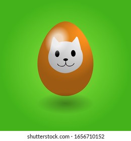 Easter eggs with cat face. Varicoloured easter egg on green background.