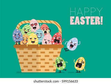 Easter eggs character in basket. Flat style design