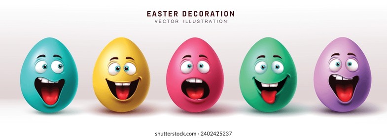 Easter eggs characters vector set design. Easter egg character decoration with happy, smiling and cute face expression colorful collection. Vector illustration easter egg character collection.
