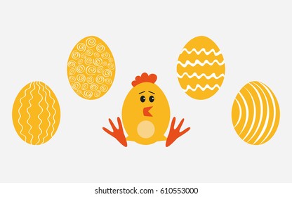 Easter eggs and chick for holidays design on white background. Vector illustration. 
