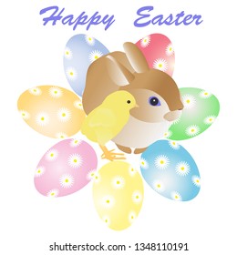 Easter eggs, a chick, a rabbit isolated on white background. Vector illustration.