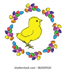 Easter eggs and chicken colored round photo frame.