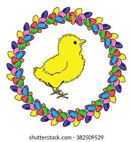 Easter eggs and chicken colored round photo frame.