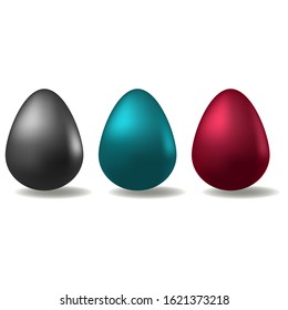 Easter eggs. Chicken eggs of different colors. Black, green and scarlet. Cast a shadow. Colored vector set of illustrations. Isolated background. Flat style. Festive print. Idea for web design.