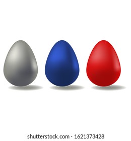 Easter eggs. Chicken eggs of different colors. Silver, blue and red. Cast a shadow. Colored vector set of illustrations. Isolated background. Flat style. Festive print. Idea for web design, invitation