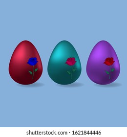 Easter eggs. Chicken eggs of different colors. Scarlet, green and purple. The ornament on the egg is in the form of a rose flower. Cast a shadow. Colored vector set of illustrations. 