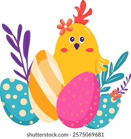 Easter, eggs, chicken, flowers, branch of leaves. Vector clipart, illustration with isolated background.