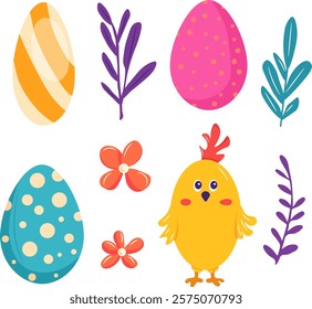 Easter, eggs, chicken, flowers, branch of leaves. Vector clipart, illustration with isolated background.