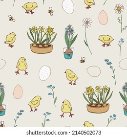 Easter eggs and chicken, flowers vector seamless pattern