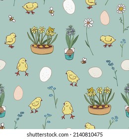 Easter eggs and chicken, flowers vector seamless pattern