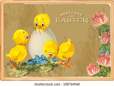 Easter eggs with chicken on fresh green grass. Vintage greeting card with chicks with Easter egg. Detailed vector illustration. Abstract Elegance background.