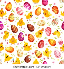 Easter eggs and chickens seamless pattern. Holiday vintage background with cartoon Easter symbol. Vector illustration. Different eggs in flat style