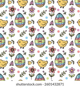 Easter eggs and chickens. Seamless vector pattern for fabric design, wrapping paper, wallpapers.  Hand drawn.