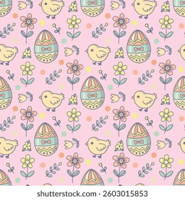 Easter eggs and chickens. Seamless vector pattern for fabric design, wrapping paper, wallpapers.  Hand drawn.