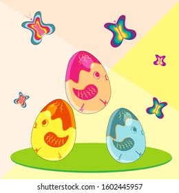 Easter eggs - chicks catch butterflies in a green meadow. Illustration, vector.