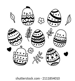Huevos de Pascua y patatas. Pascua de Doodle. Festividades artísticas en línea blanca y negra. Hand dibujó pollo lindo. Ilustración de conjunto de vector de material sobre un fondo blanco.