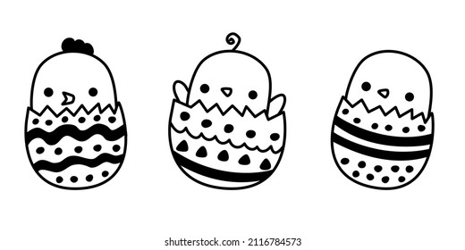 Easter eggs with chiken. Doodle Easter. Black and white line art holiday. Hand drawn cute Stock vector set illustration on a white background.