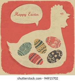 Ovos de Páscoa e frango. Ilustração com estilo retrô.