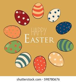 Easter eggs in the circle colored in vintage style with Happy Easter in the middle. Vector illustration on gold background