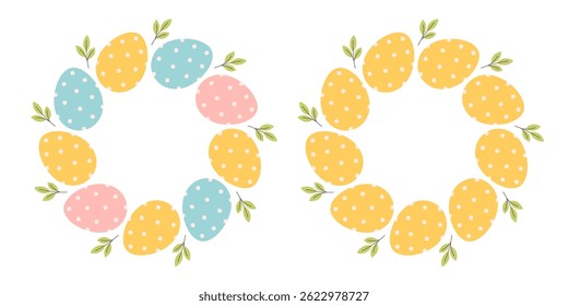 Easter eggs circle frame set. Cute hand drawn Easter eggs round frame in doodle style. Circular template. Vector illustration in flat style