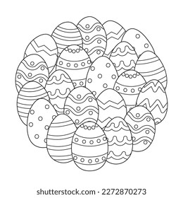 Easter eggs circle shape coloring page. Ornamental doodle eggs mandala for coloring book. Line art print. Vector illustration