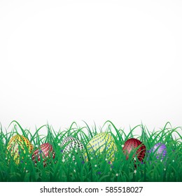 Easter eggs with circles in grass on a white shining background with flowers