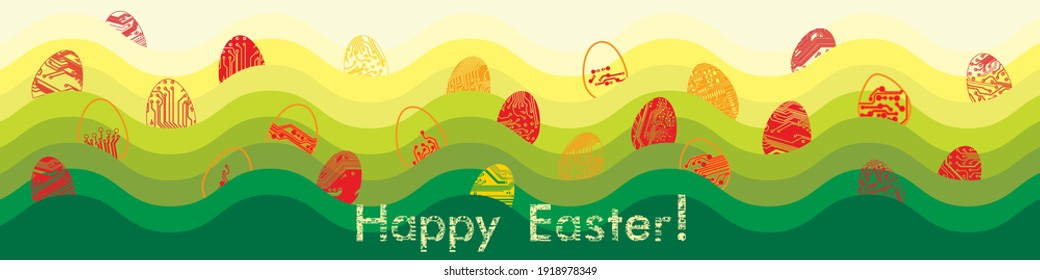 Huevos de Pascua al estilo de tablero de circuito. Feliz tarjeta de felicitación de Pascua. Ilustración vectorial